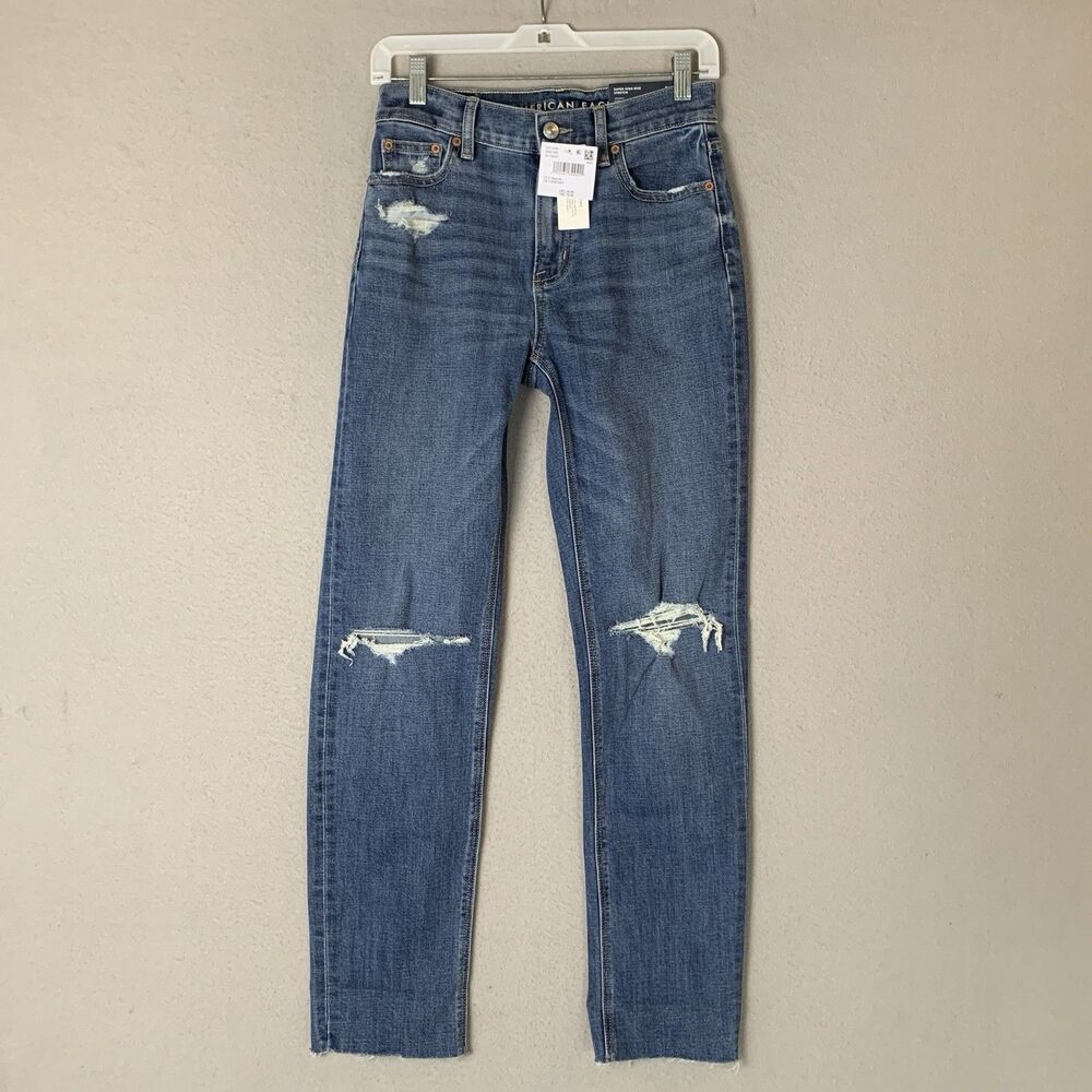 American Eagle Jeans Womens 0 Blue Super High Rise Straight Grunge Distressed